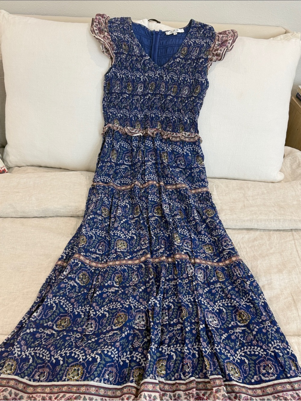 Sea New York Navy Paisley Maxi Dress with Cream and Pink Border - Size 4